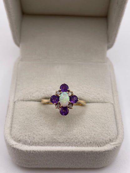 9ct gold opal, amethyst and diamond ring