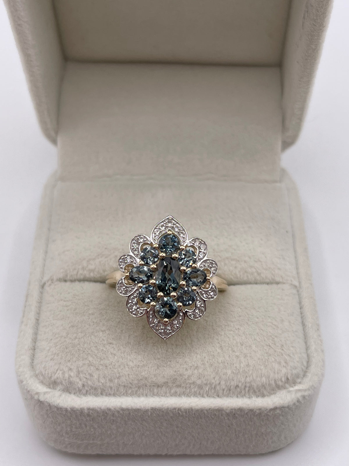 9ct gold colour change sapphire and zircon ring