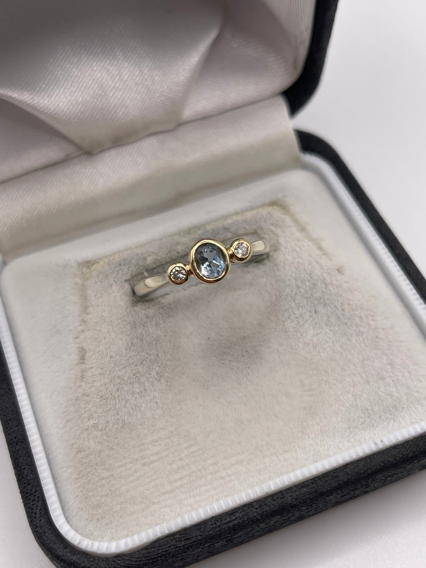 9ct two tone gold aquamarine and diamobd ring
