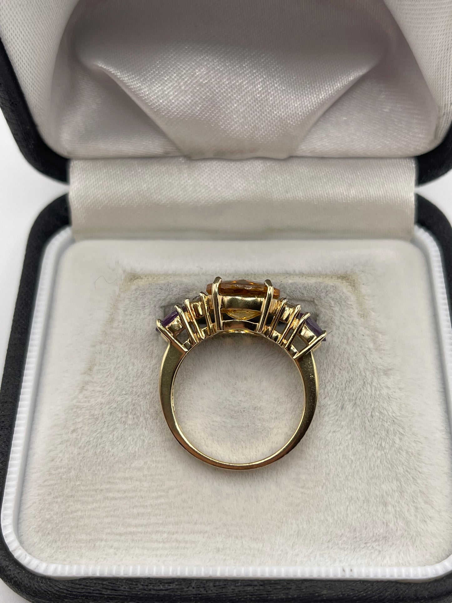 9ct gold citrine, amethyst and diamond ring