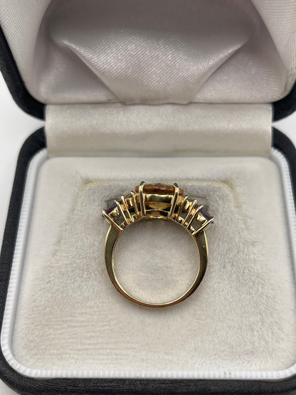 9ct gold citrine, amethyst and diamond ring