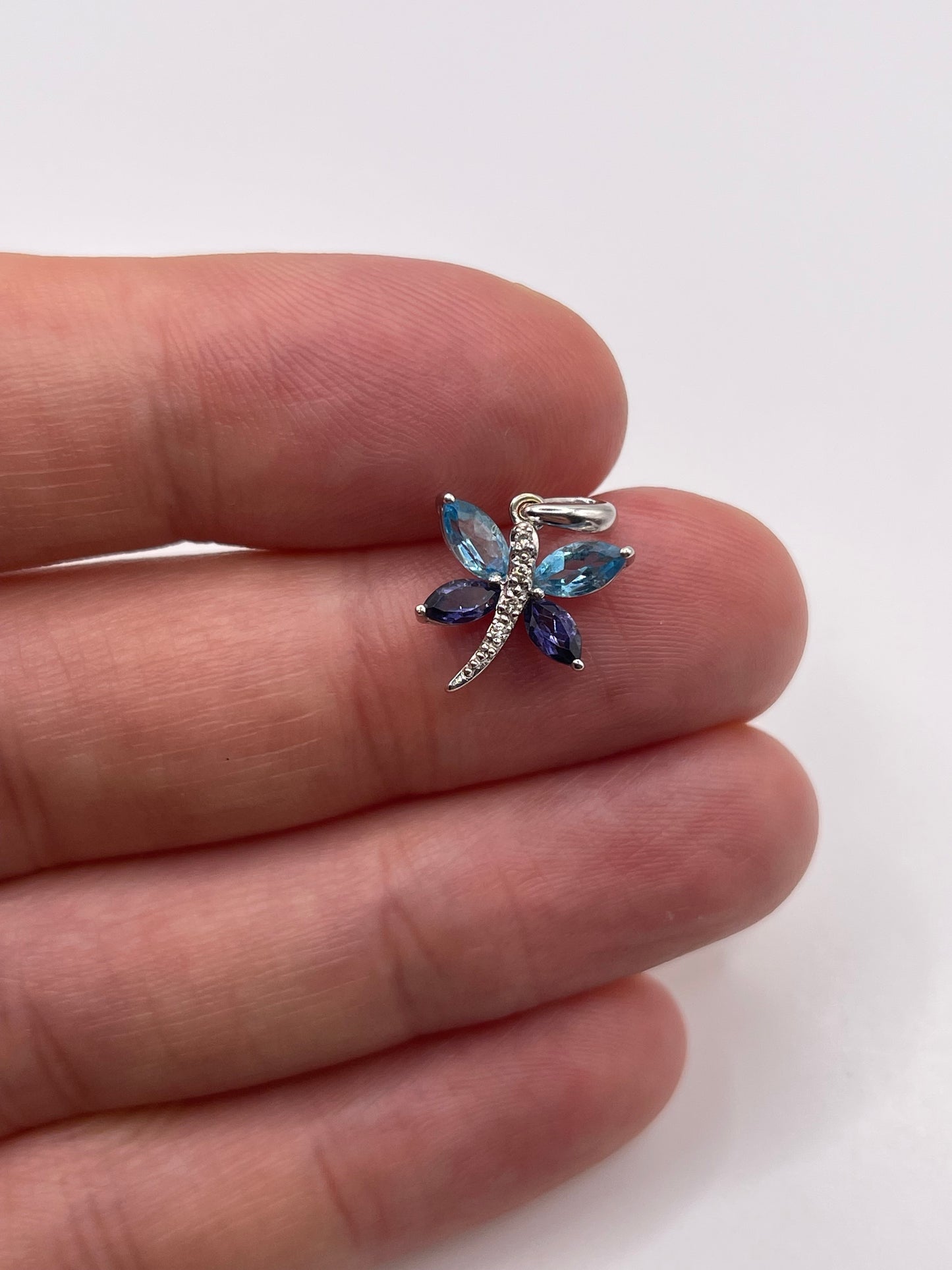9ct white gold topaz, amethyst and diamond dragonfly pendant