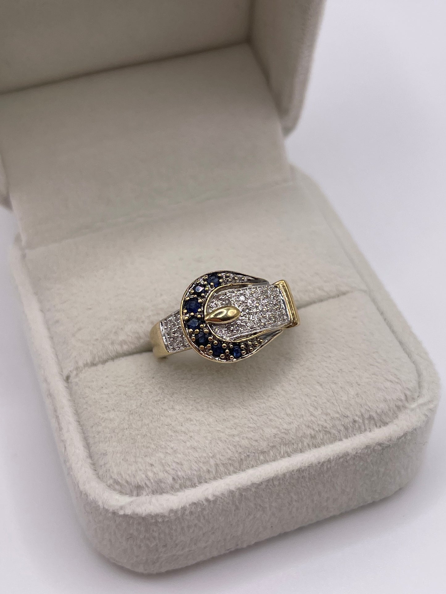 9ct gold sapphire and diamond buckle ring
