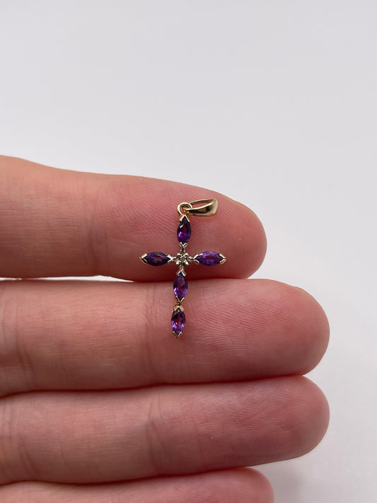 9ct gold amethyst and diamond cross pendant