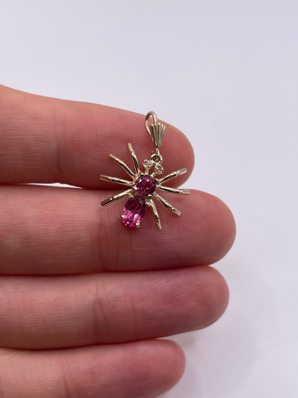 9ct gold pink topaz and diamond spider pendant
