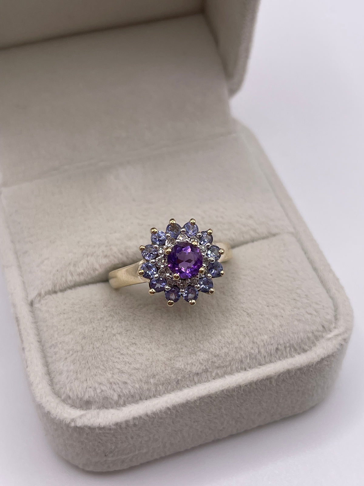 9ct gold amethyst, tanzanite and diamond cluster ring