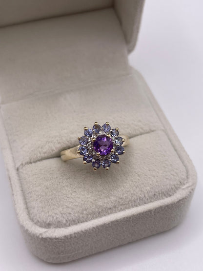 9ct gold amethyst, tanzanite and diamond cluster ring