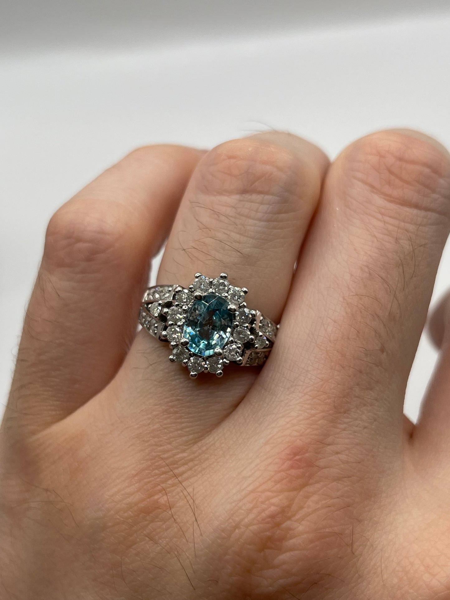 14ct white gold blue zircon and diamond ring