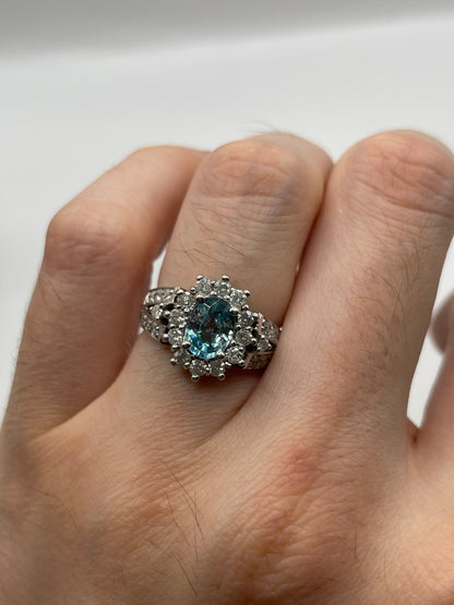 14ct white gold blue zircon and diamond ring