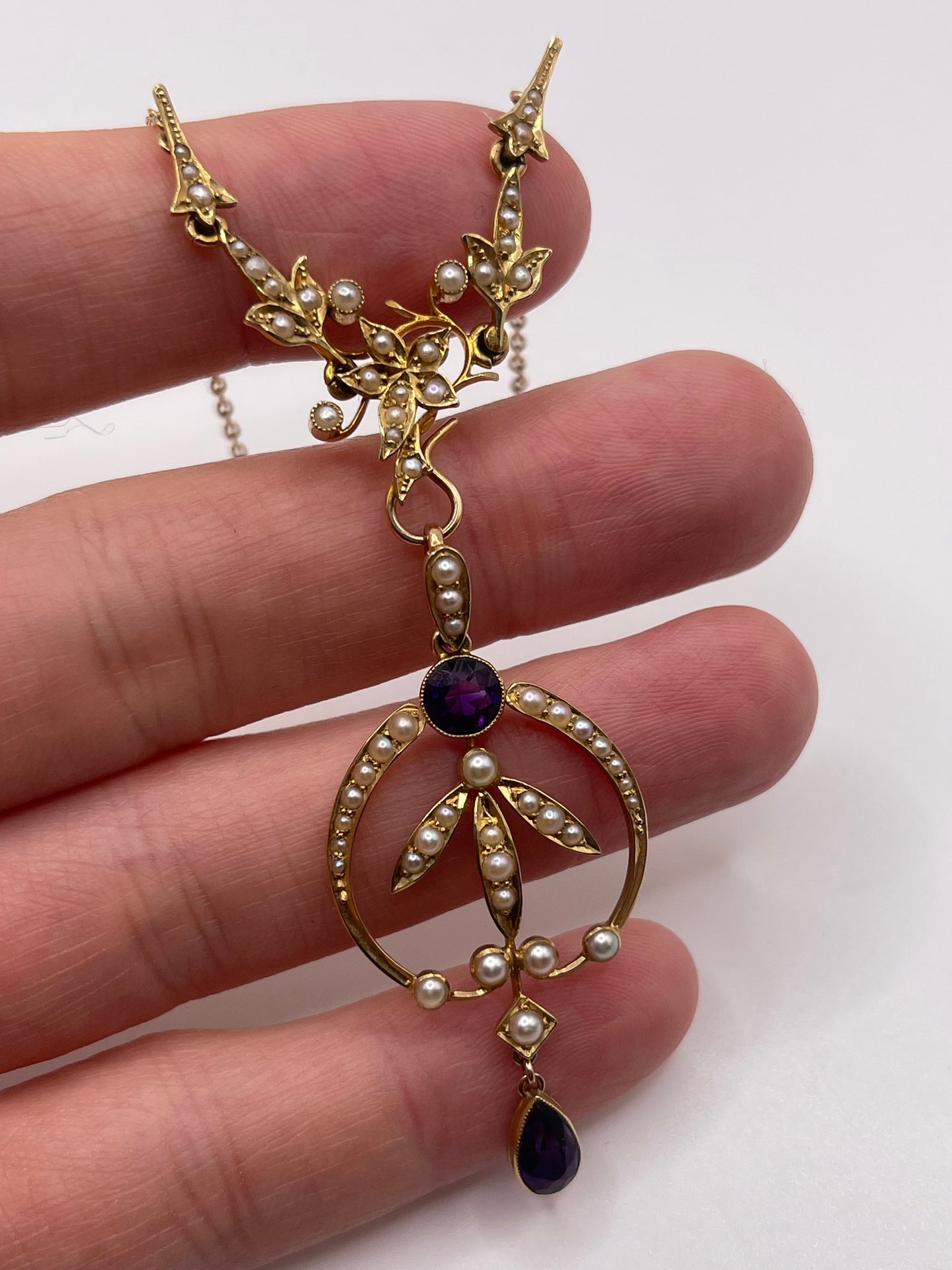 Antique 15ct gold amethyst and pearl necklace