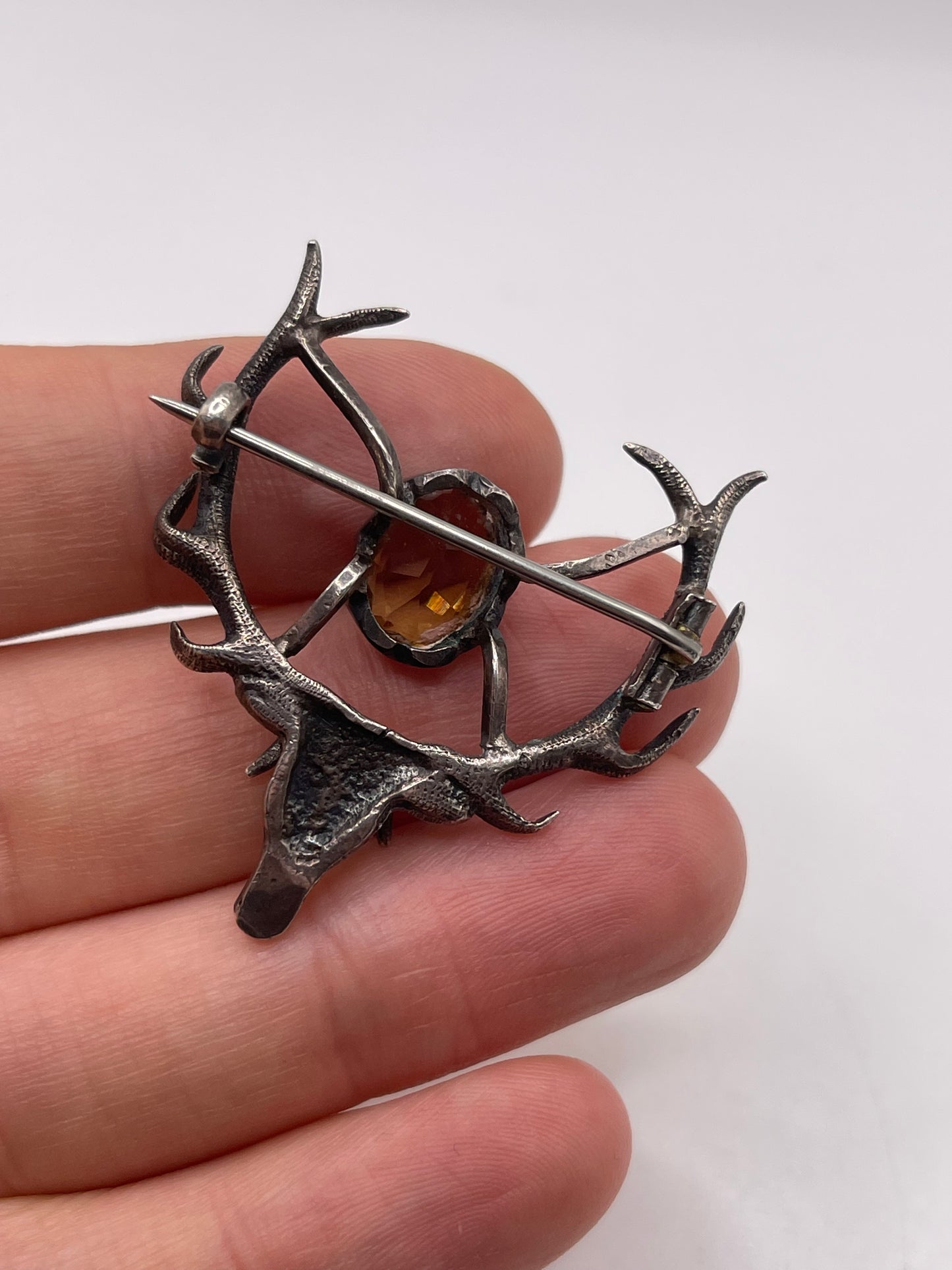 Silver citrine stag brooch