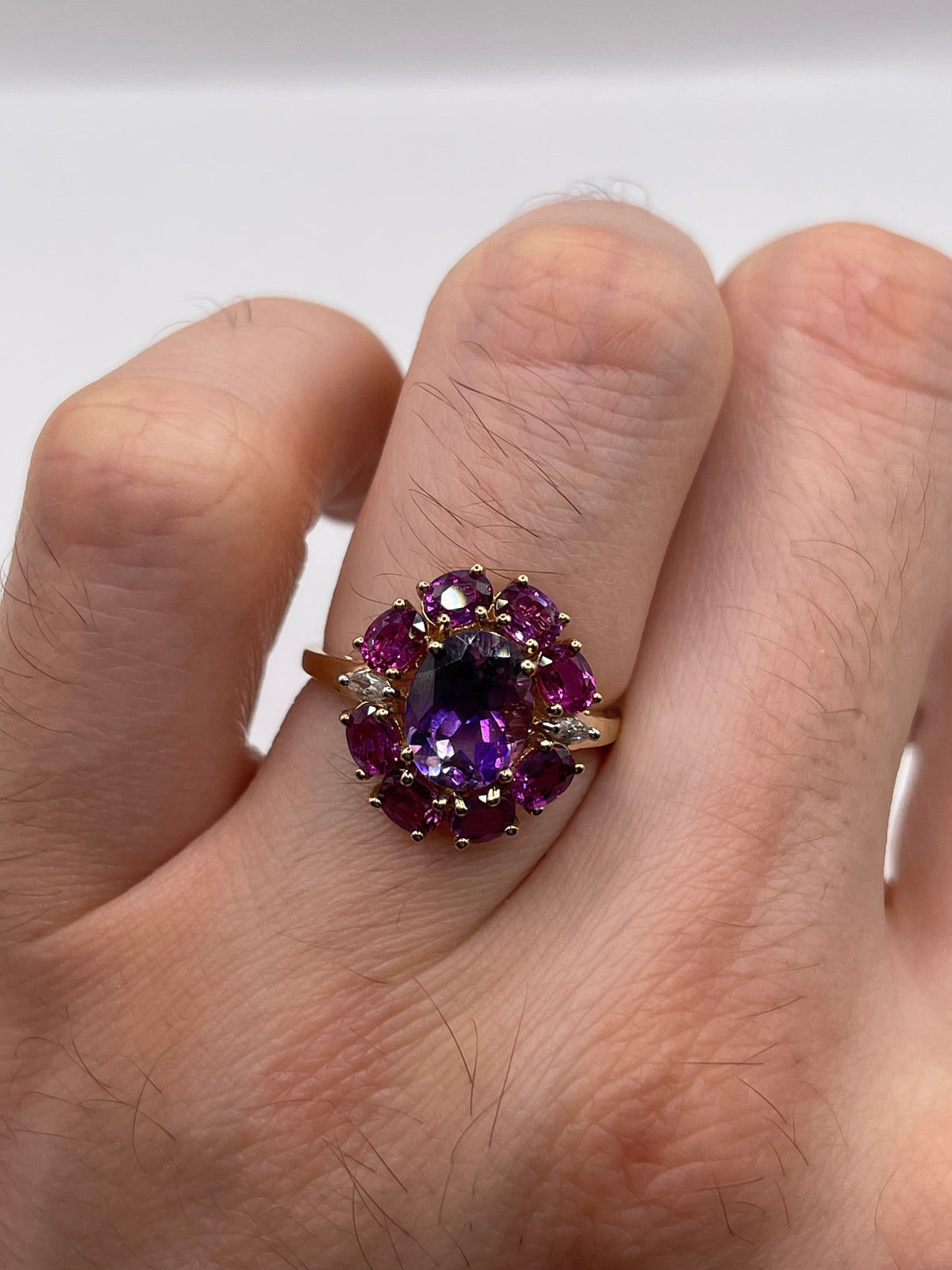 9ct gold amethyst, tourmaline and zircon ring