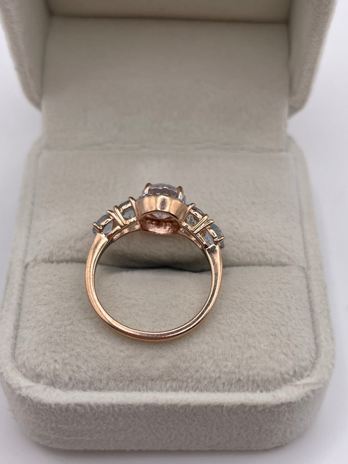 9ct rose gold kunzite, aquamarine and zircon ring