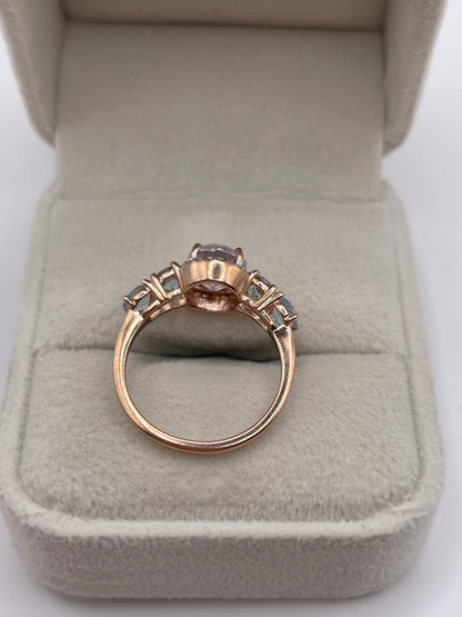 9ct rose gold kunzite, aquamarine and zircon ring