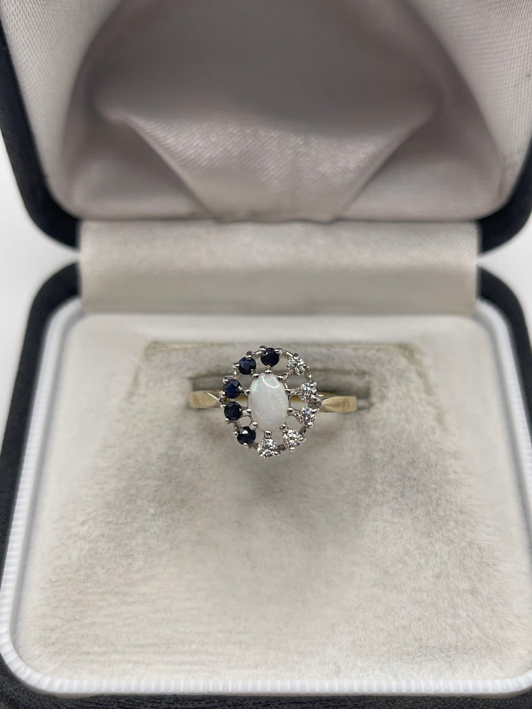 9ct gold opal, sapphire and cz ring