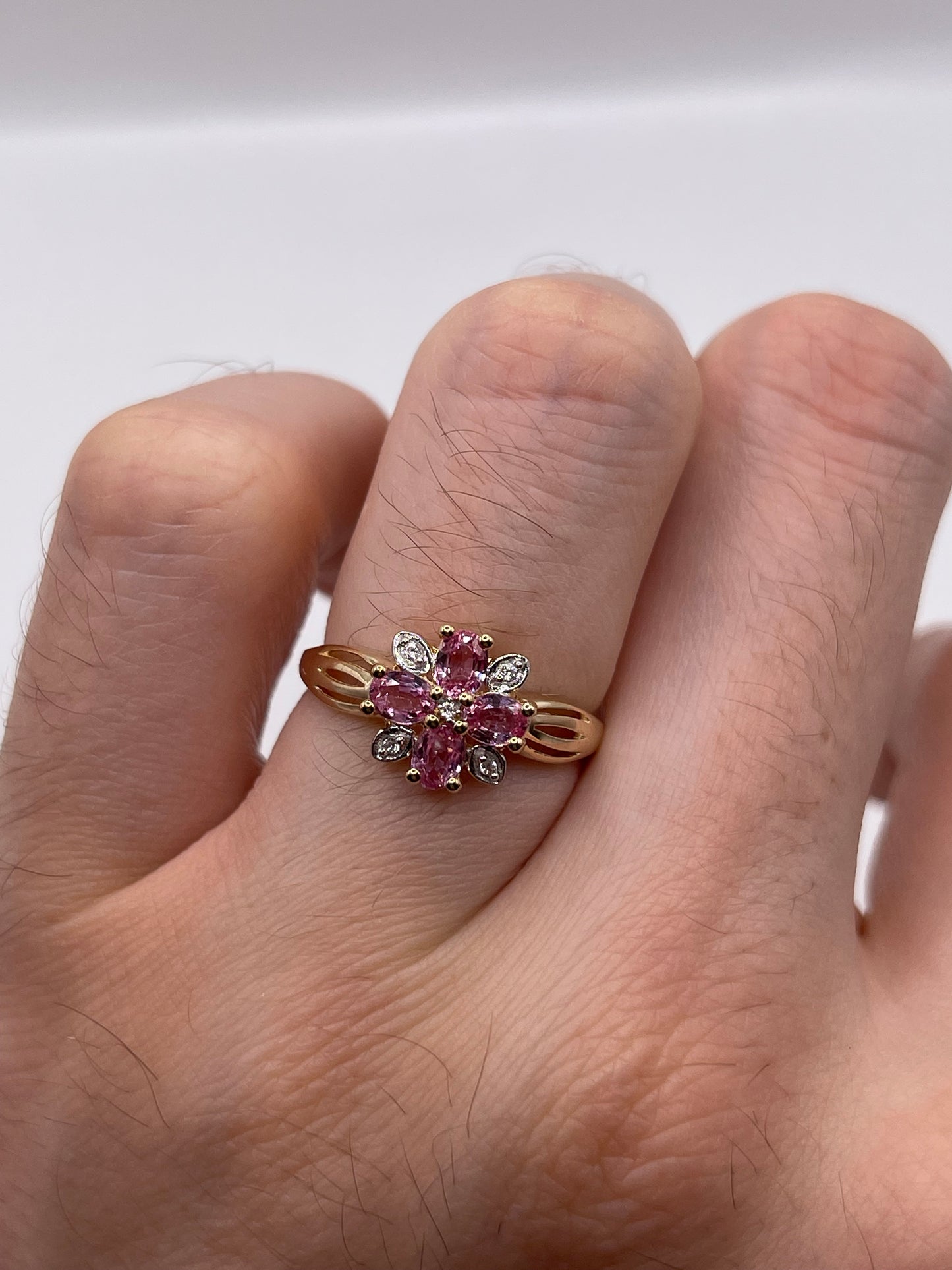 9ct gold pink sapphire and zircon ring