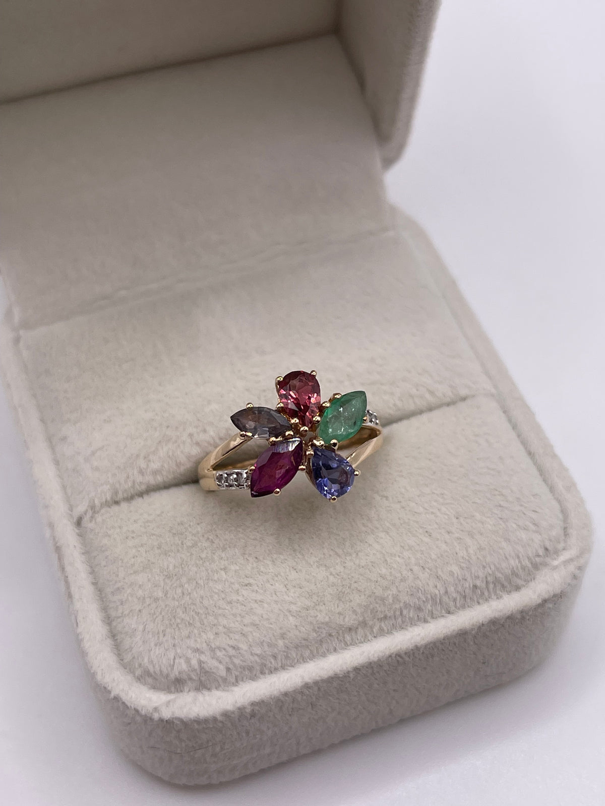 9ct gold multi gemstone and diamond cluster ring