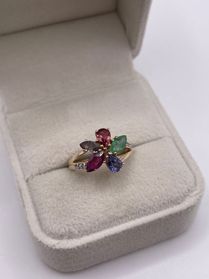 9ct gold multi gemstone and diamond cluster ring
