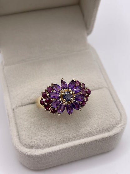 9ct gold iolite, amethyst and garnet ring