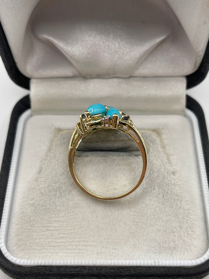 9ct gold turquoise, iolite and diamond ring