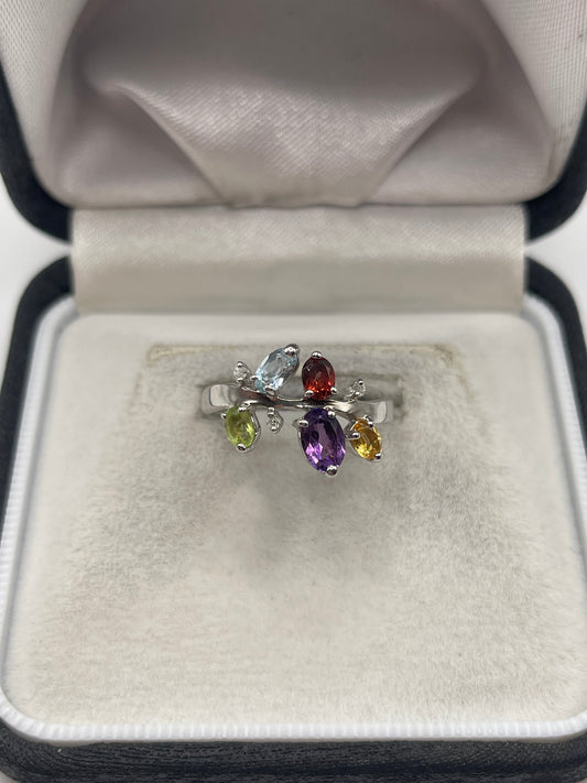 9ct white gold multi gemstone and diamond ring