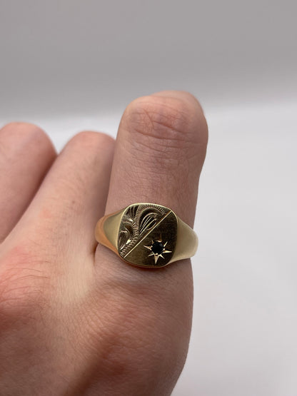 Heavy 9ct gold sapphire signet ring