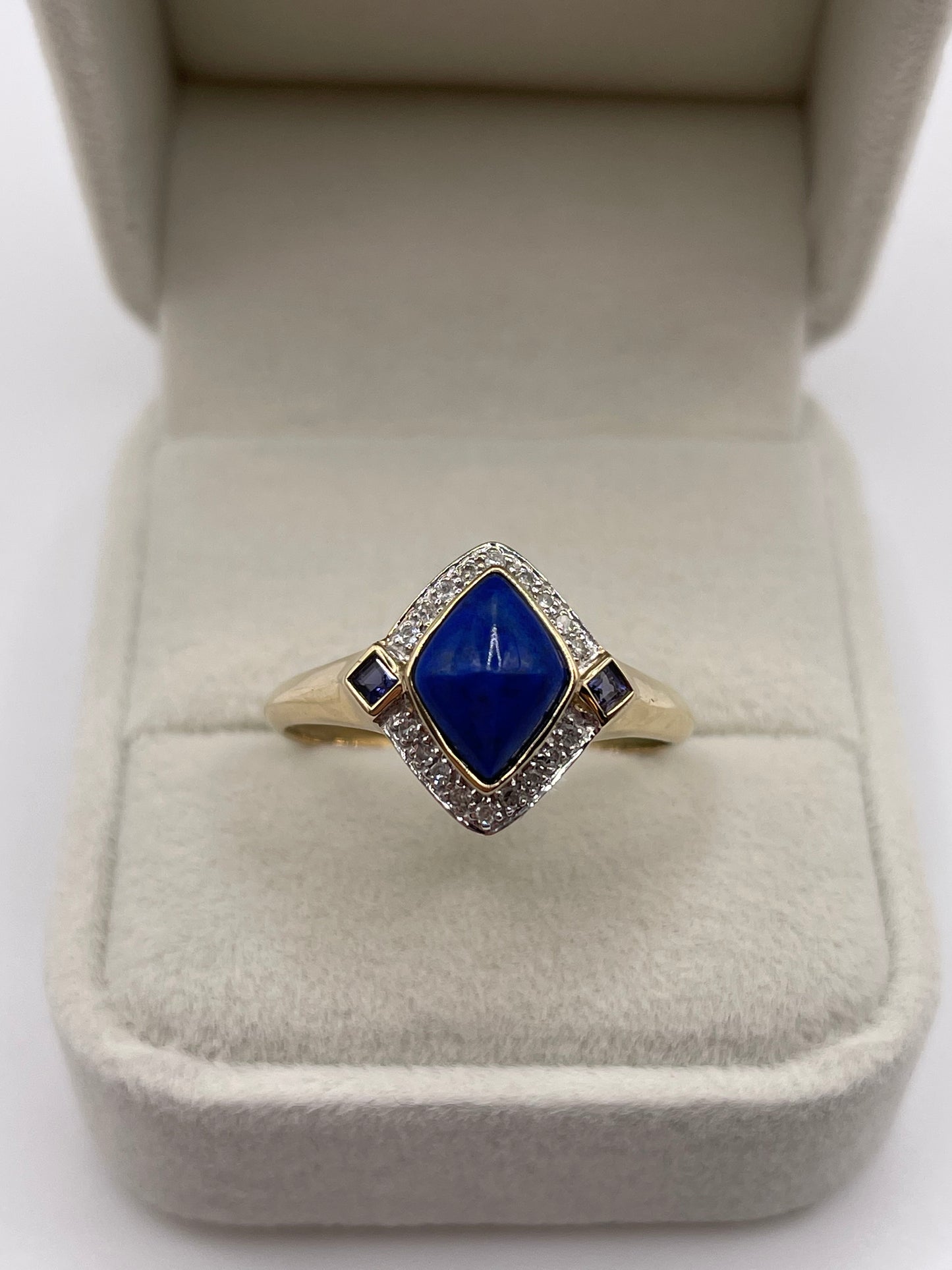 9ct gold lapis lazuli, iolite and diamond ring