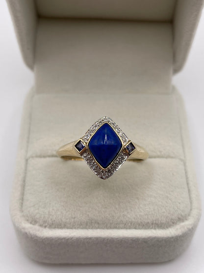 9ct gold lapis lazuli, iolite and diamond ring