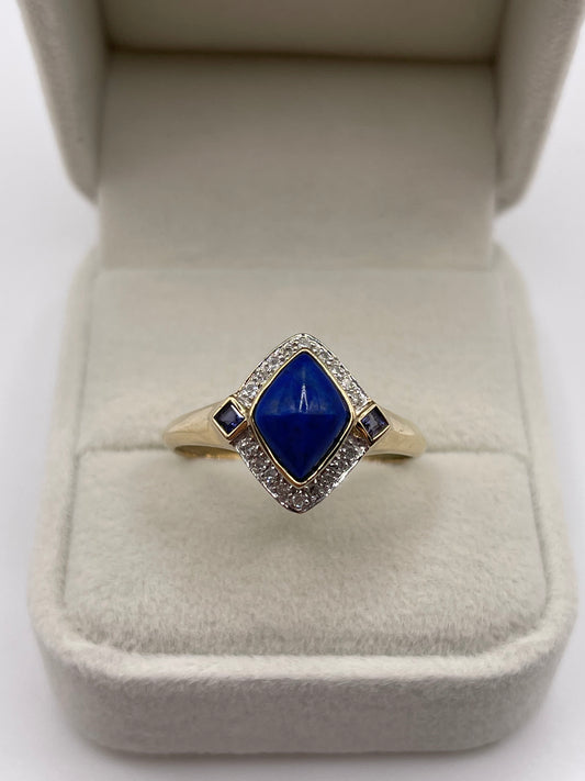 9ct gold lapis lazuli, iolite and diamond ring