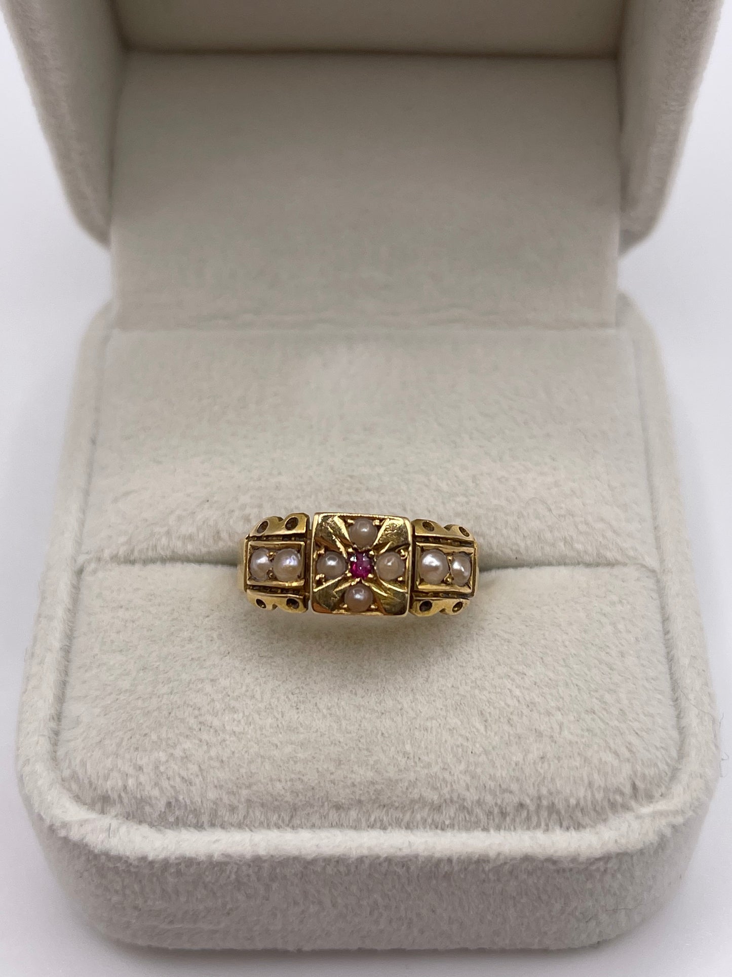 Antique 18ct gold ruby and pearl ring