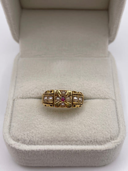 Antique 18ct gold ruby and pearl ring