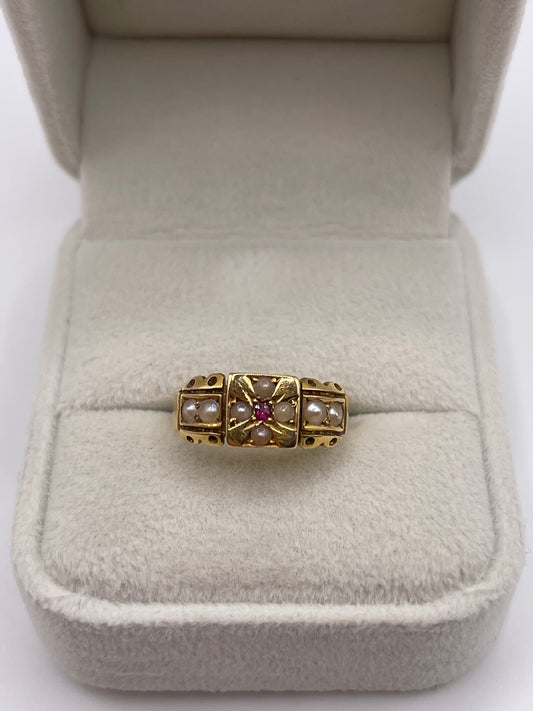 Antique 18ct gold ruby and pearl ring
