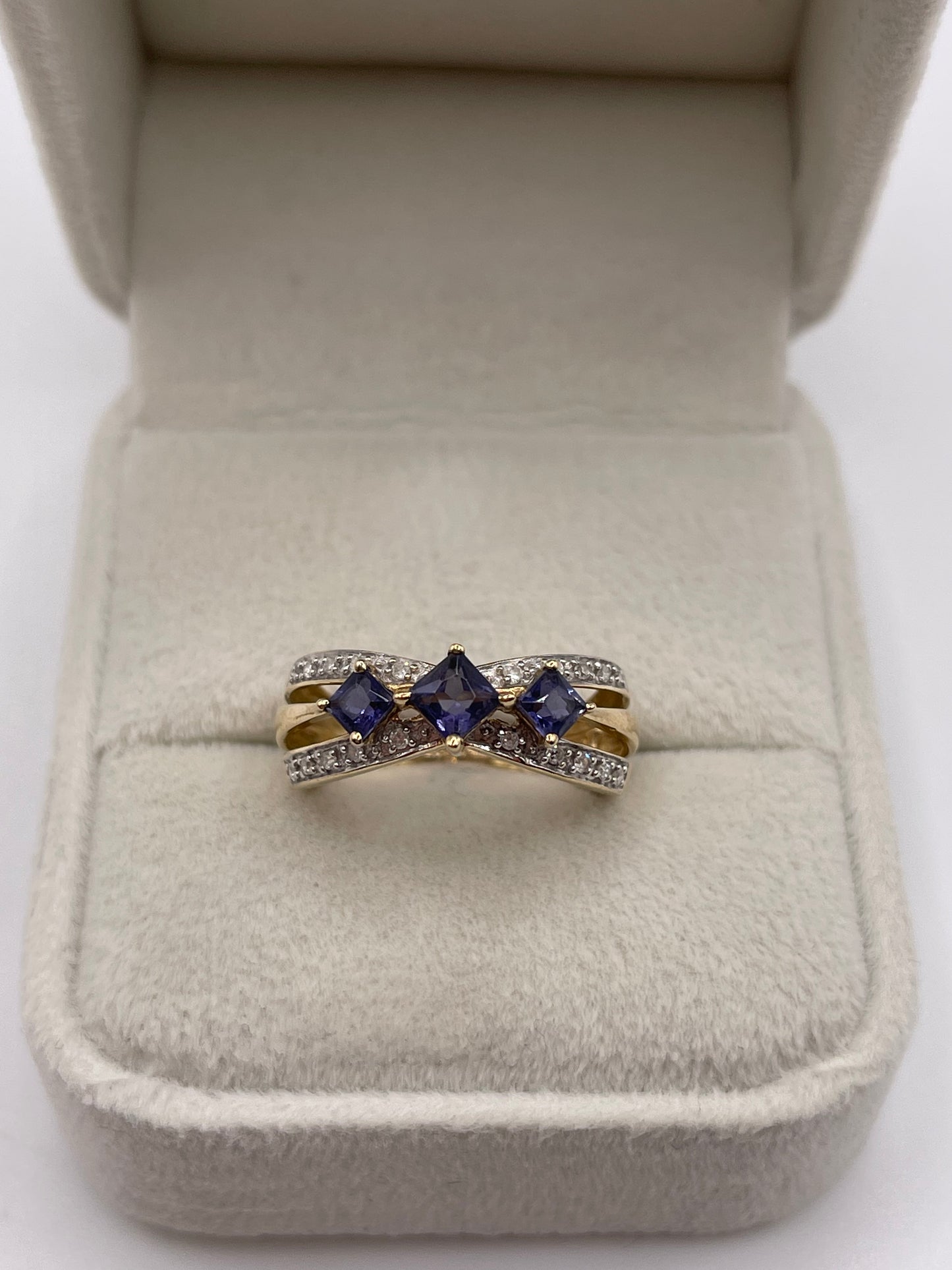 9ct gold iolite and diamond ring