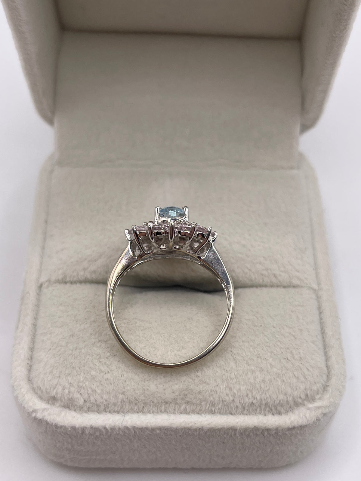 9ct white gold topaz, kunzite and diamond ring