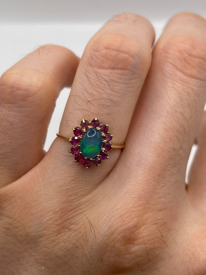 9ct gold black opal triplet and ruby ring