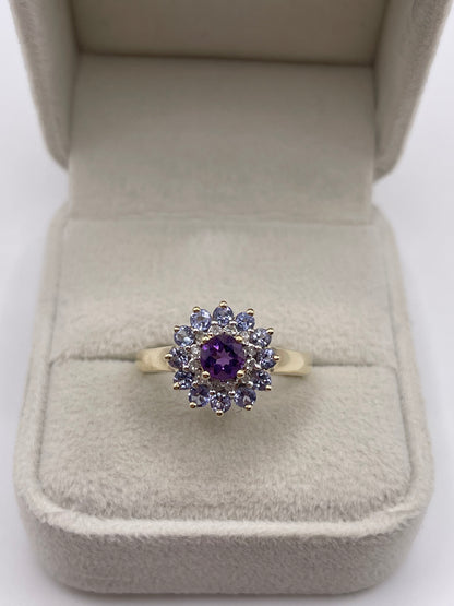 9ct gold amethyst, tanzanite and diamond ring