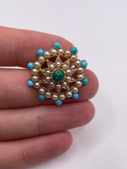 Antique 15ct gold turquoise and pearl brooch / pendant