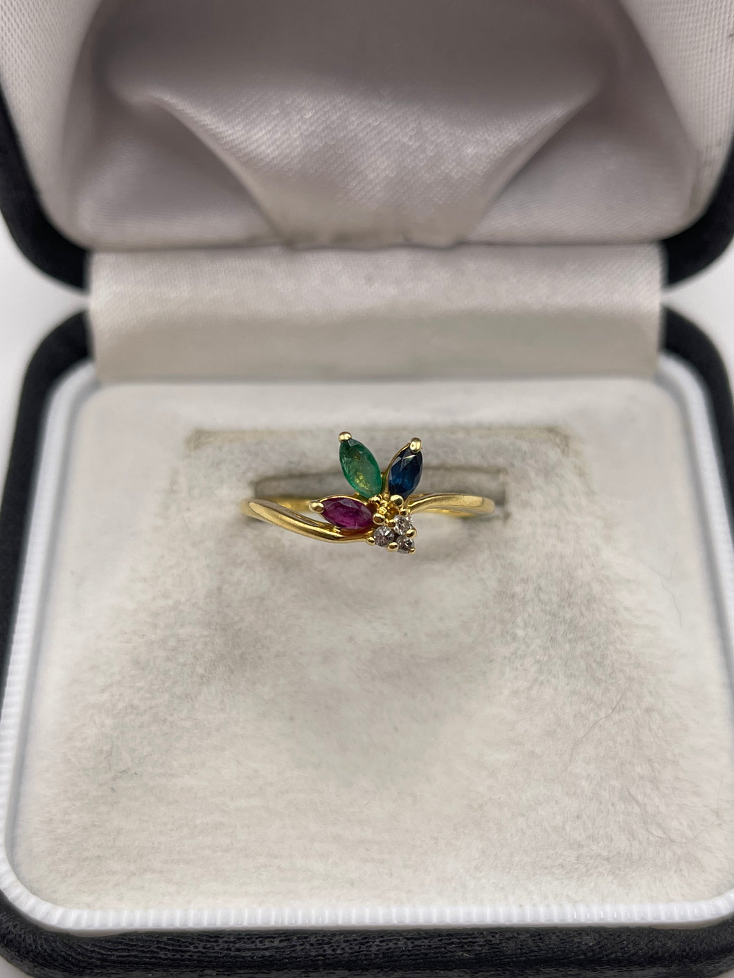 18ct gold ruby, sapphire, emerald and diamond ring