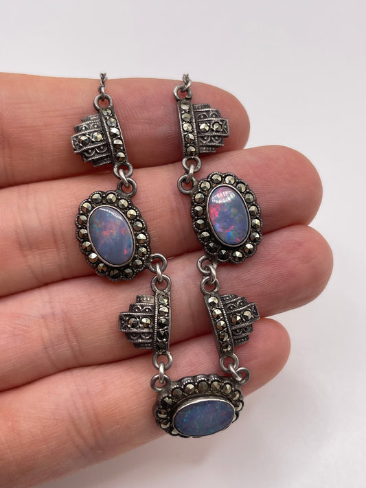 Silver black opal and marcasite necklace