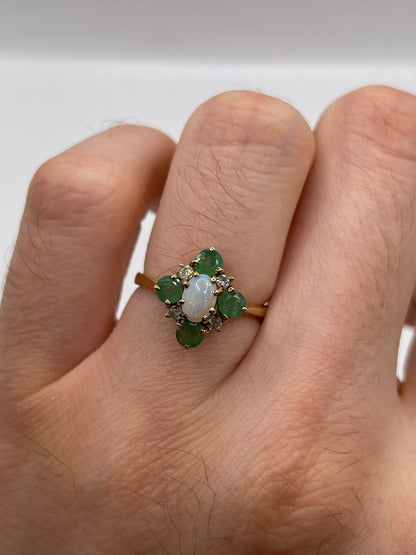 9ct gold opal, emerald and diamond ring
