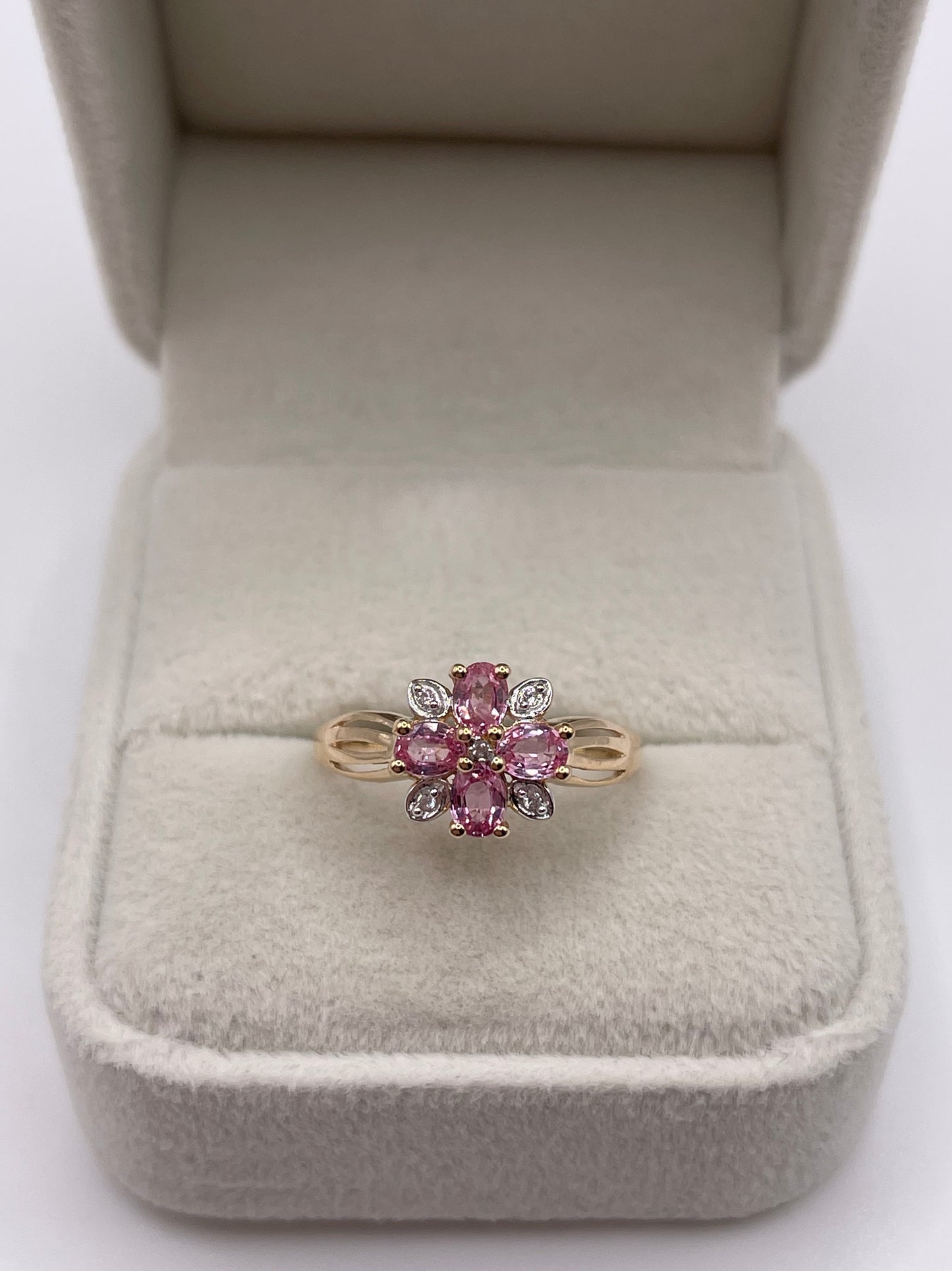 9ct gold pink sapphire and zircon ring