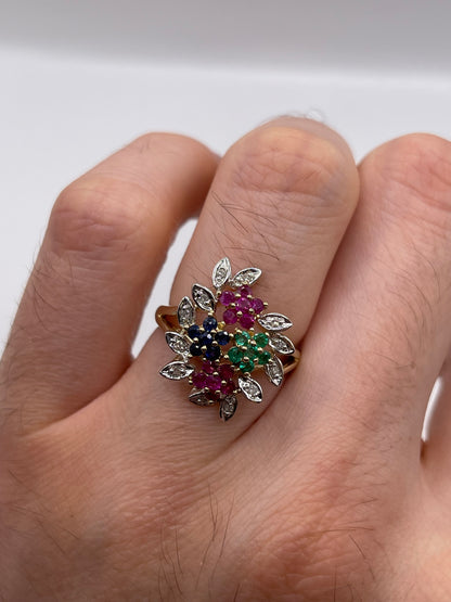 9ct gold ruby, emerald, sapphire and diamond ring