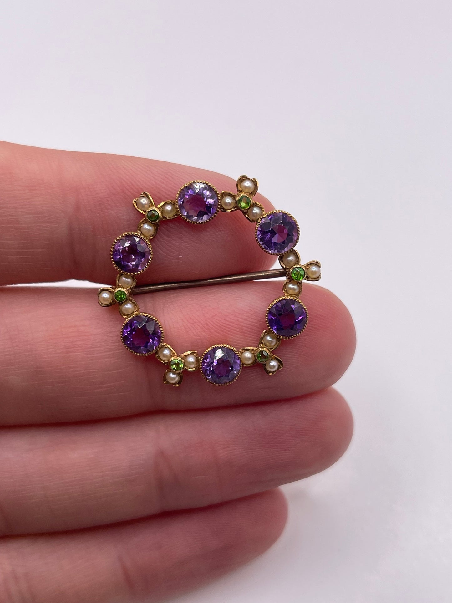 Antique 15ct gold demantoid garnet, amethyst and pearl brooch.. suffragette