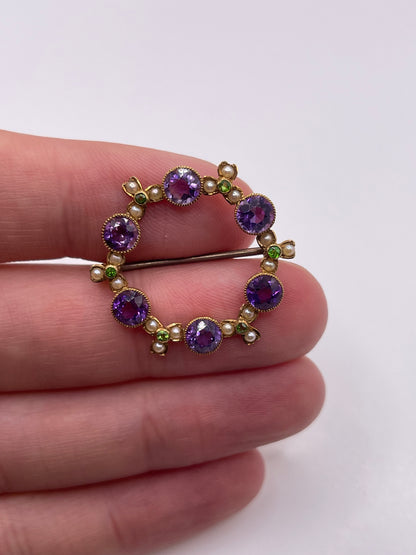 Antique 15ct gold demantoid garnet, amethyst and pearl brooch.. suffragette