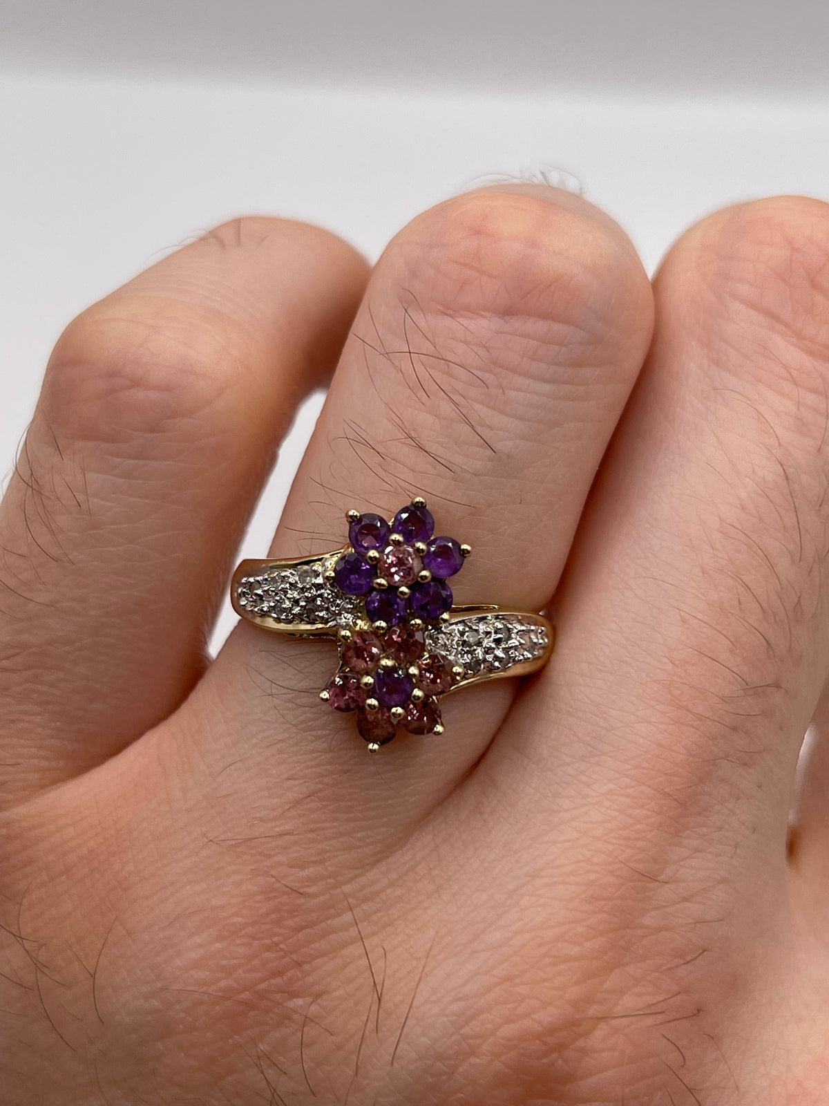 9ct gold amethyst, pink topaz and diamond ring