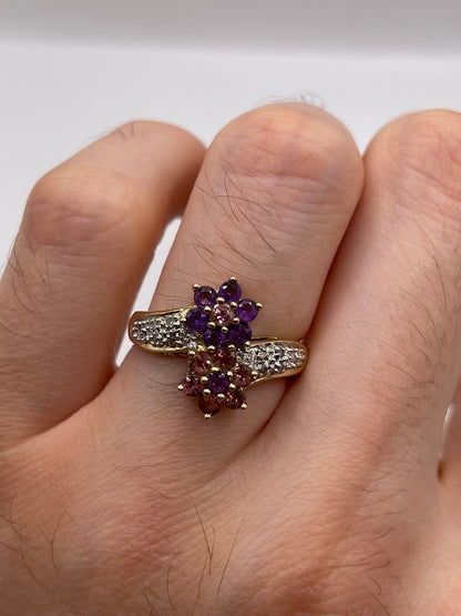 9ct gold amethyst, pink topaz and diamond ring