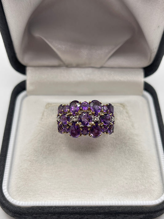 9ct gold amethyst and diamond cluster ring