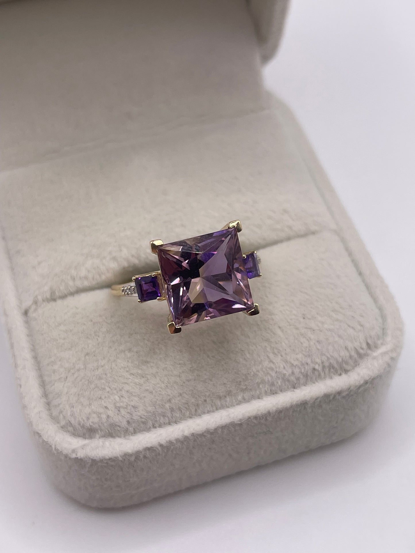 9ct gold ametrine, amethyst and diamond ring