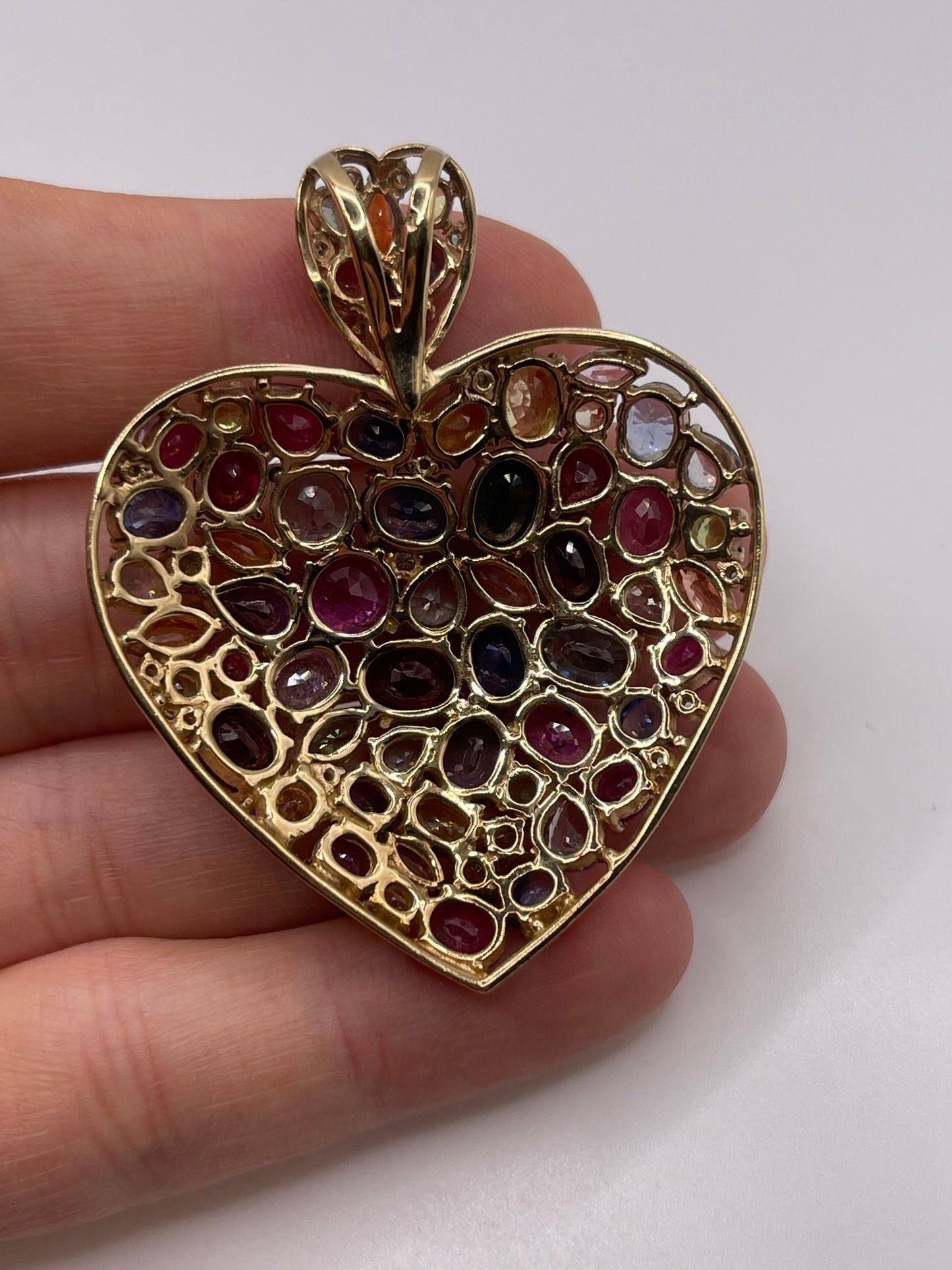 Huge 9ct gold multi coloured sapphire heart pendant