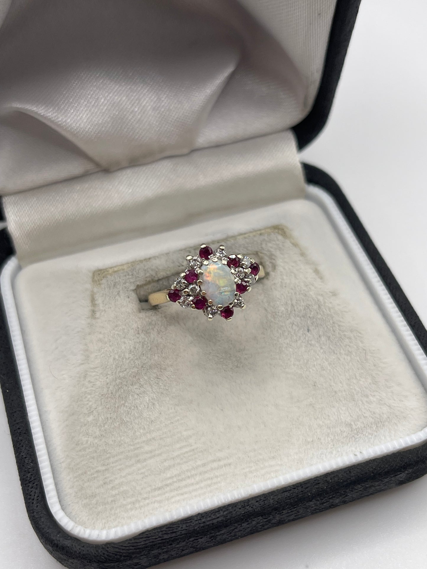 9ct gold opal, ruby and diamond ring